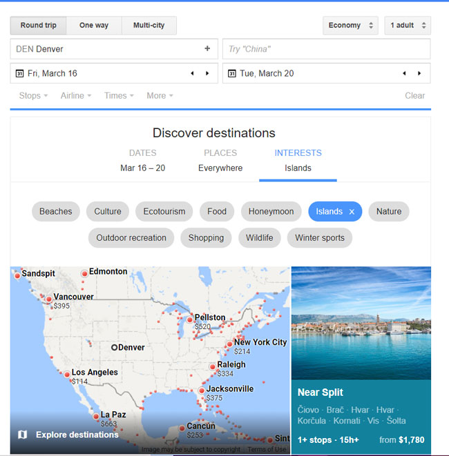 Use Discover Trips on Google Flights to look for vacation ideas and cheap airfare. 
