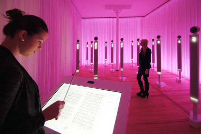 The “Effectorium,” inside Leipzig’s Mendelssohn House, a museum where the composer lived and worked, allows you to stand and conduct a virtual orchestra playing Mendelssohn’s music. (Saxony Tourism/LTM-Andreas Schmidt)
