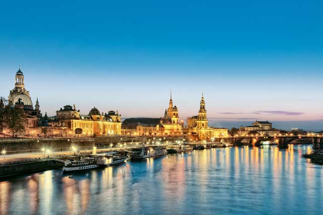 A twilight view of Dresden, “The Florence on the Elbe” (Saxony Tourism/Dirk Brzoska)