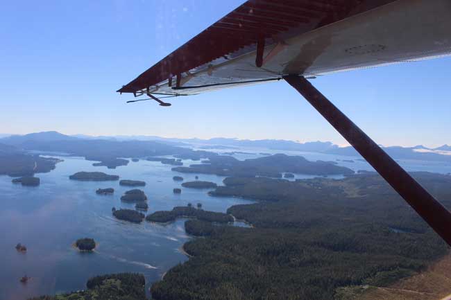 Flying to Waterfall Resort, we flew over bays, inlets and hundreds of tiny islands in Alaska. Photo by Janna Graber