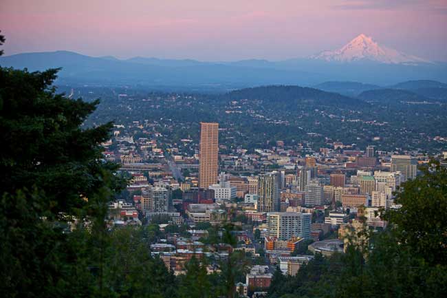 Portland city skyline with Mount Hood in the distance.