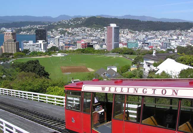 The iconic cable cars in Wellington, New Zealand.