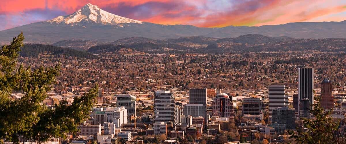 View of Portland, Oregon with mountain in the distance.