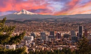 View of Portland, Oregon with mountain in the distance.