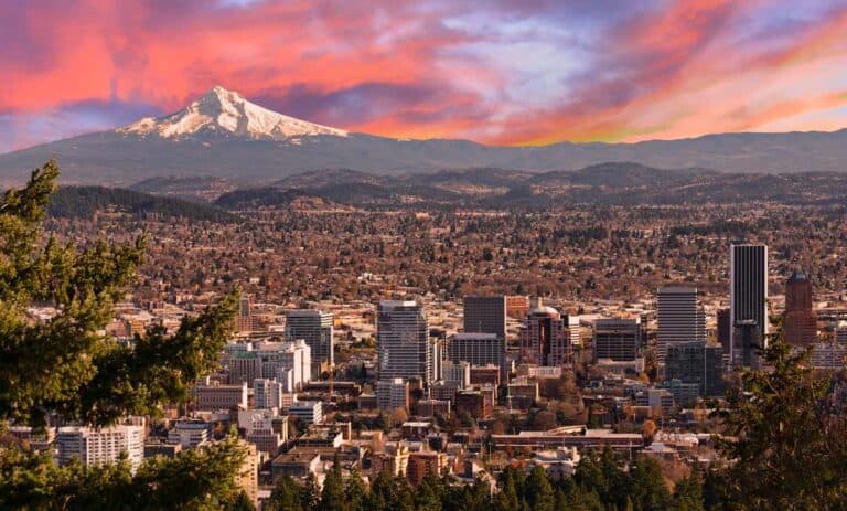 View of Portland, Oregon with mountain in the distance.