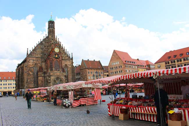 In the winter, the world-famous Christkindlesmarkt Christmas Market is held here in Nuremberg . In the summer, the town square is filled with vendors selling farm-fresh produce. Photo by Janna Graber