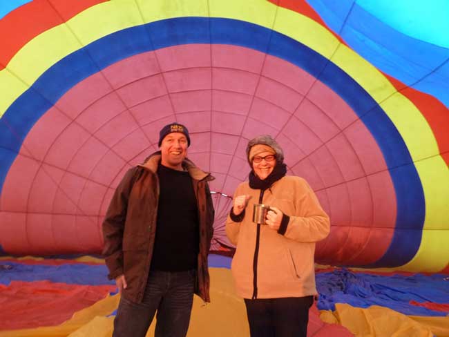 The author warming up inside a hot air balloon in KwaZulu-Natal in South Africa. Photo courtesy Adrian Rorvik