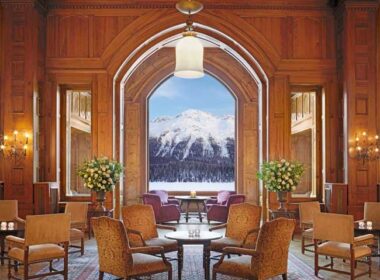 The view from the Grand Hall of Badrutt's Palace Hotel in St. Moritz.