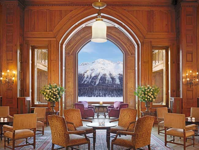 The view from the Grand Hall of Badrutt's Palace Hotel in St. Moritz. 