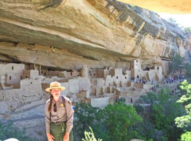 Our park service guide tells us about the life of the Ancient Publoans in Cliff Palace at Mesa Verde National Park. Photo by Janna Graber