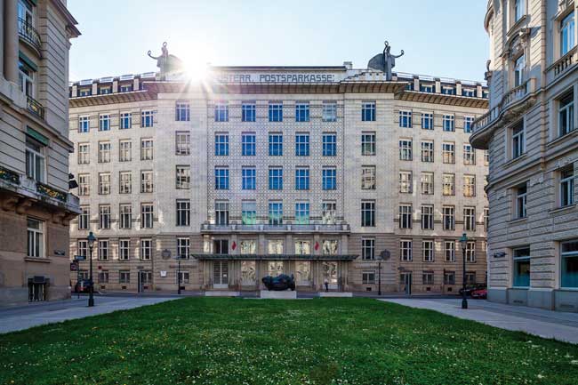 The Austrian Postal Savings bank is one of architect Otto Wagner’s more futuristic designs. It’s covered in both granite and aluminum. Photo credit: WienTourismus-Christian Stemper