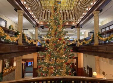 A 22-foot Christmas tree is the centerpiece in the lobby of the Hotel Boulderado in Boulder, Colorado. Photo by Benjamin Rader
