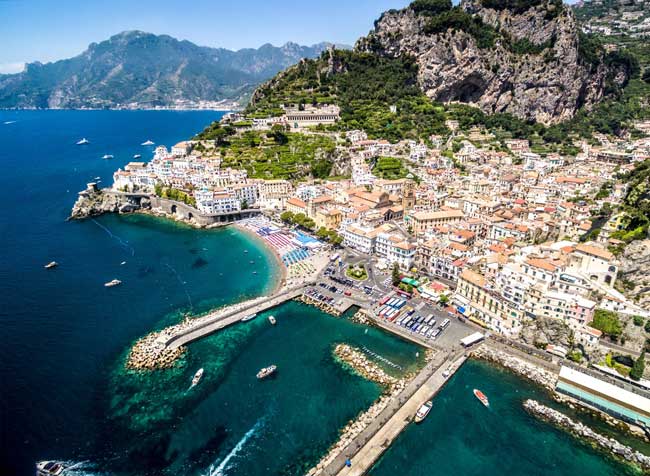 An aerial view of the Amalfi Coast in Italy