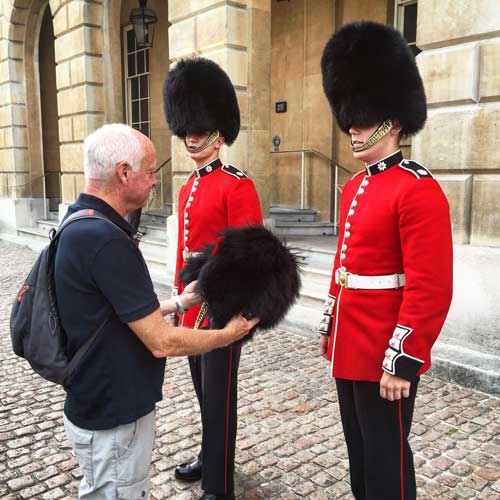 Examining the genuine bearskin hats at the Waterloo 200th Anniversary. 