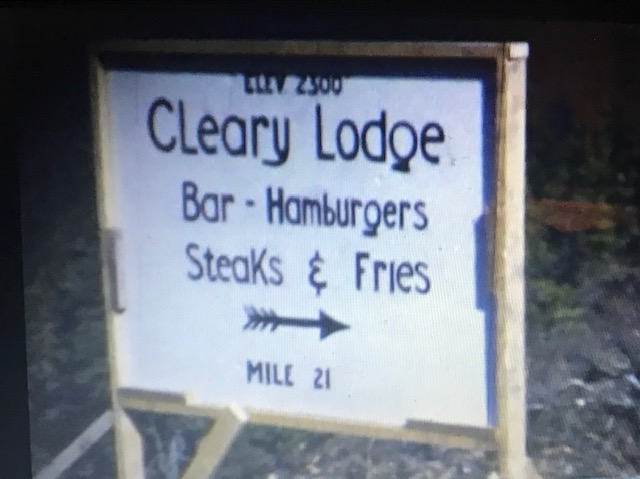 Cleary Lodge sign advertising a bar, hamburgers, steaks and fries.