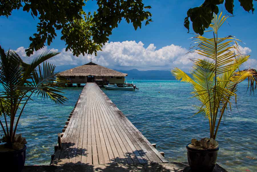 Fatboys Resort, built over deep water to accommodate boats and to protect coral near the shore, encourages guests to relax, or if absolutely necessary, sample the scuba, snorkeling, fishing, and village walks. On Mbambanga Island, in Ferguson Passage near Gizo airport, Western Province, Solomon Islands.