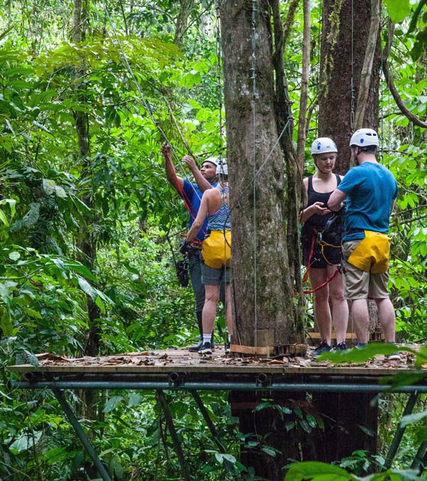 Like much in Costa Rica’s rain forest, the Pacuare Lodge’s “Canopy Adventures” zipline orientation starts up in a tree. 