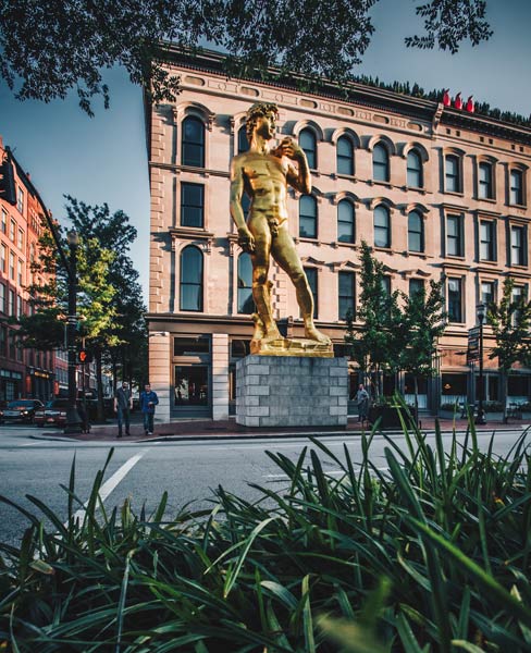 This eye-catching 30-foot-tall golden replica of Michelangelo’s David stands outside the 21C Hotel on West Main Street in downtown Louisville. Photo by Go to Louisville