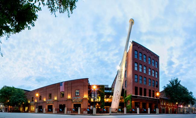 The 120-foot replica of Babe Ruth’s bat makes it easy to spot the Louisville Slugger Museum on downtown’s “Museum Row.” Photo by Go to Louisville