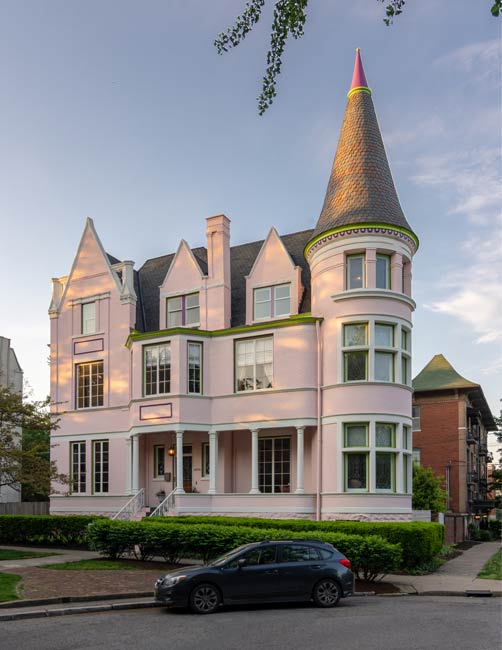 The so-called Pink Palace, one of the most distinctive homes in Old Louisville, features prominently in the popular ghost tour that operates in the neighborhood. Photo by Go to Louisville