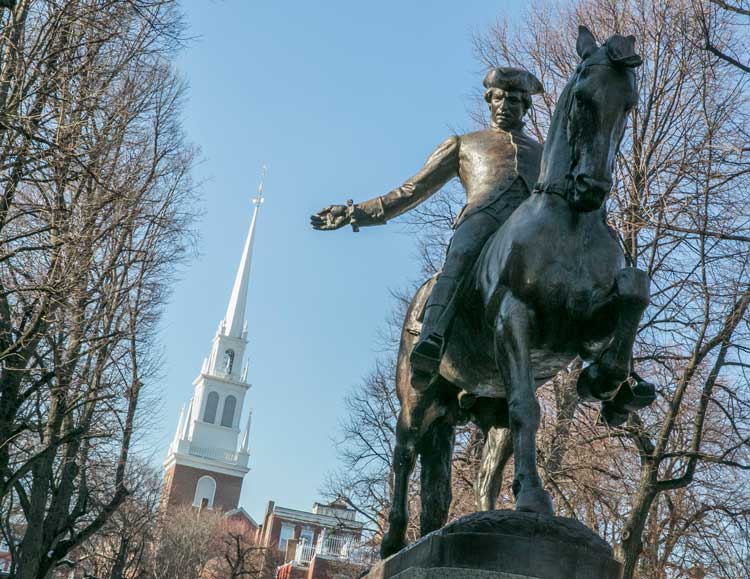 Paul Revere statue. In the background is the Old North Church where two lanterns hung in 1775. Photo by Kyle Klein