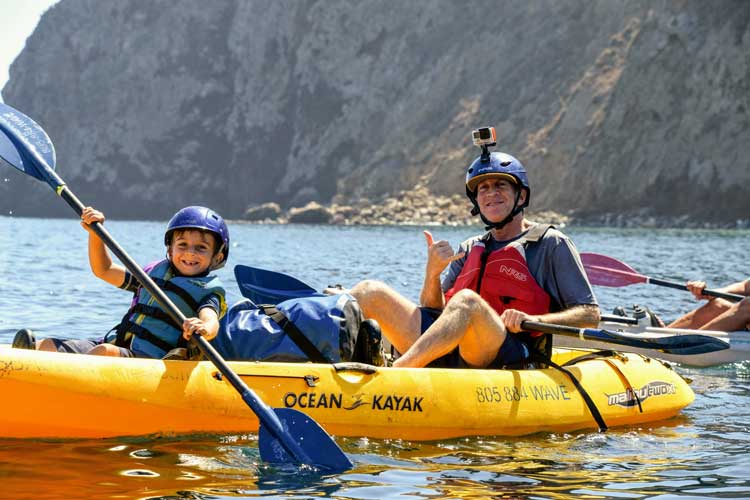 The author's family kayaking on Santa Cruz Island