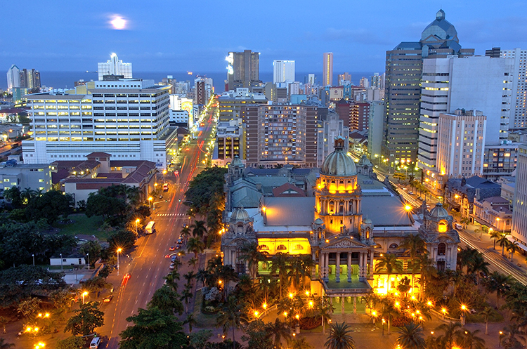 City hall aerial shot night. Photo Credit Durban Tourism Board.