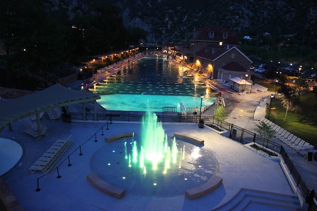 Night view of the pool and Grand Fountain. Photo courtesy of Glenwood Hot Springs