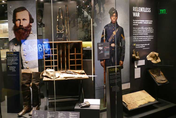 A perfect example of how to interpret the Civil War is the 21st century is apparent throughout the new American Civil War Museum in Richmond. Here, an exhibit of iconic items from Confederate General Jeb Stuart, including his famous feathered hat, is displayed side by side with exhibits on the 200,000 African American soldiers who fought in the war.