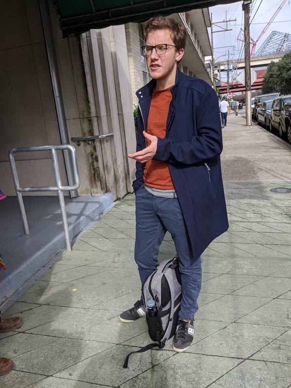 Albrecht Claeus intern, outside the offices of the NOLA Film Festival, Center City, NOLA.