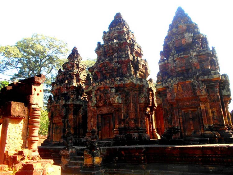 Two-Pink hues radiated from red sandstone walls at Banteay Srei, the oldest and most remote temple in the Archaeological Zone. Photo by Carol Bowman