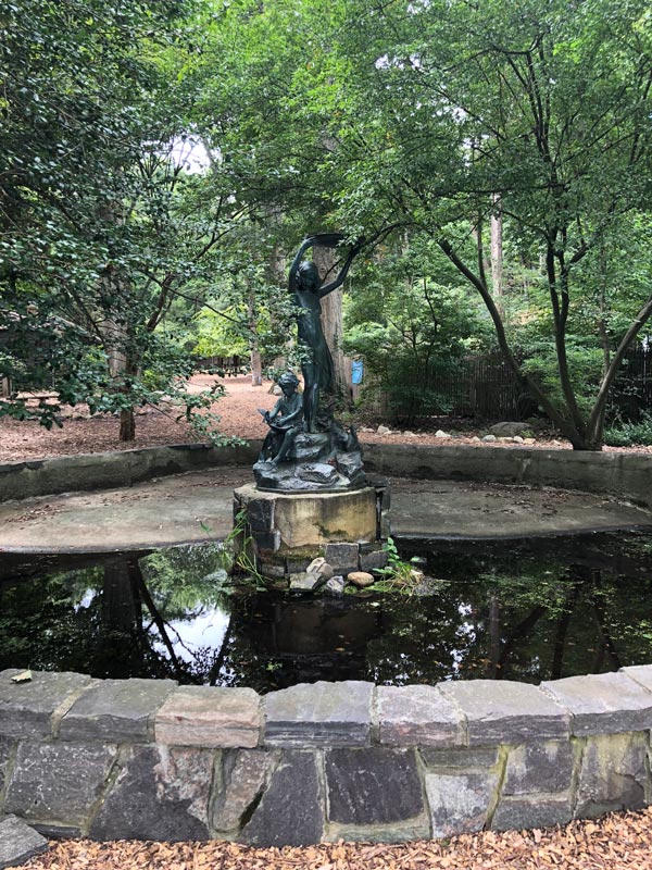 A Bessie Potter Vonnoh bronze sculpture in the fountain at Theodore Roosevelt Sanctuary