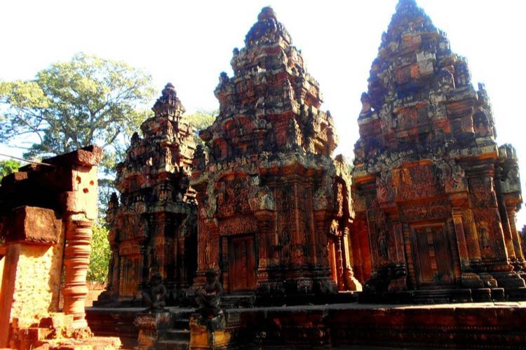 Two-Pink hues radiated from red sandstone walls at Banteay Srei, the oldest and most remote temple in the Archaeological Zone.