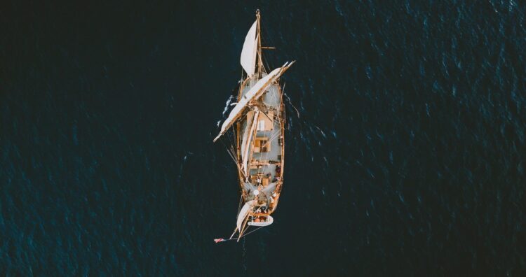 A pirate ship tour boat from above.