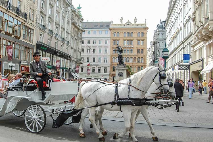 Fiaker (horse-drawn carriages) are a common sight in Vienna's First District.