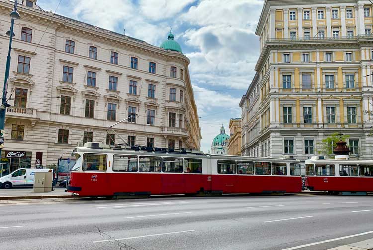 A red streetcar in the First District of Vienna