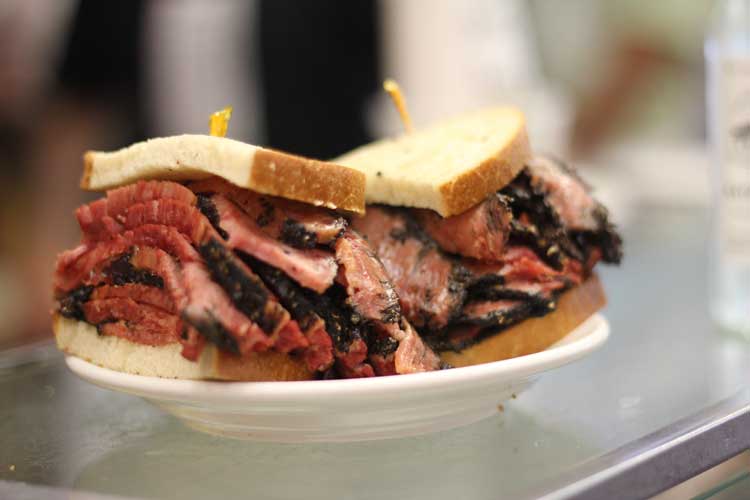 A pastrami sandwich from Katzs Deli. 