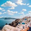 Beautiful view of blue ocean under the sky in Santorini, Greece