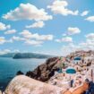 Beautiful view of blue ocean under the sky in Santorini, Greece