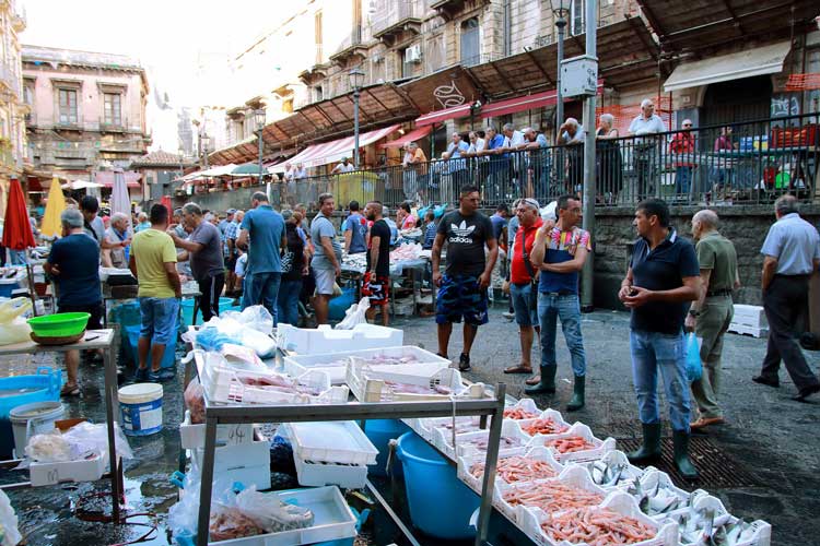 Stalls at Catania Fish Market in Sicily