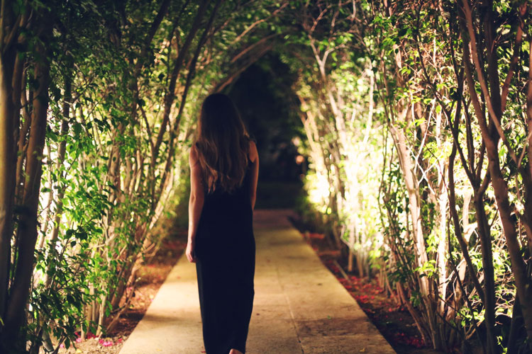 An evening stroll through the relaxing resort grounds, filled with island plants.