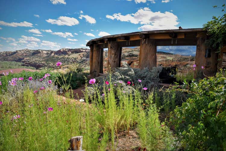 Flower lined coffee shop in the spring along the drive to Arches National Park, Utah.