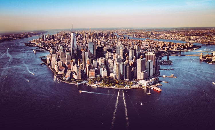 An aerial view of Manhattan, a busy New York City borough.