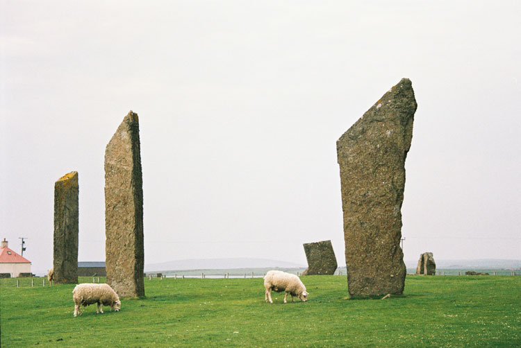 The Standing Stones of Steness neighbors Skara Brae on the island of Orkney in Scotland.