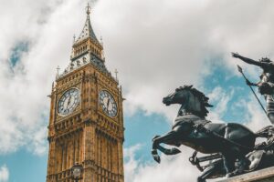 Looking up to the point of the Big Ben clock tower in London.