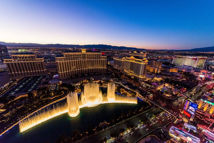 An evening fountain show at the Bellagio Resort in the heart of Las Vegas, NV. 