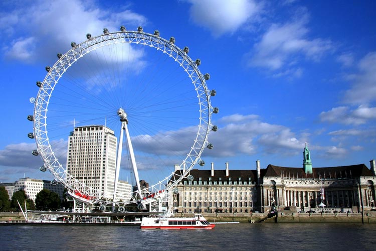 The London Eye sits along the South Bank of the River Thames for views of the entire city.