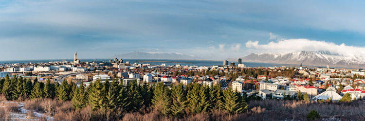 The skyline view of the city of Reykjavik on a sunny day.