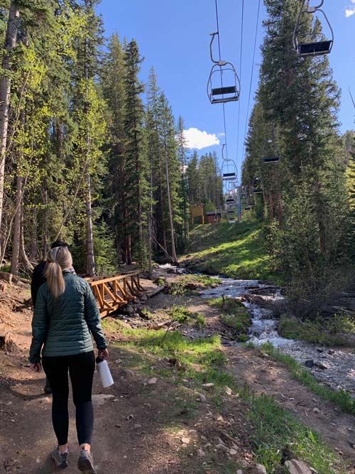 Following the ski lifts on the hike up the mountain. 