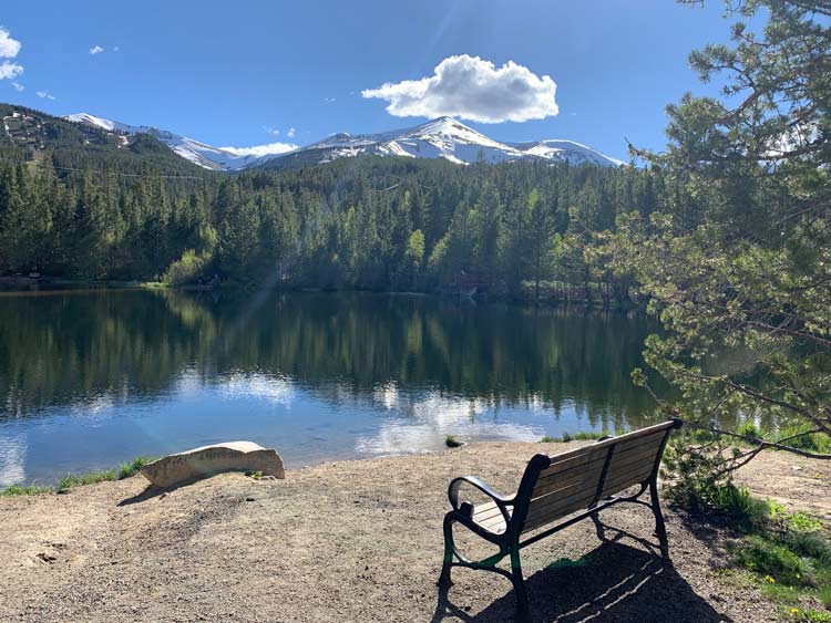 A perfect view of the reservoir on a sunny day in Breckenridge, CO.